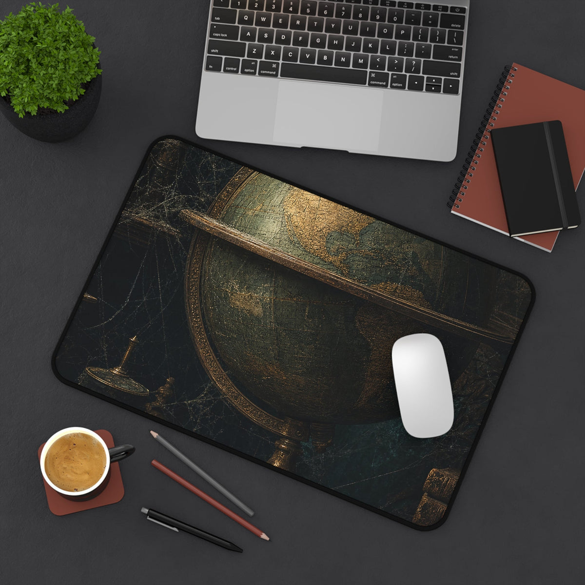 Old Globe In Dark Study - Dark Academia Gaming Desk Mat - Moikas