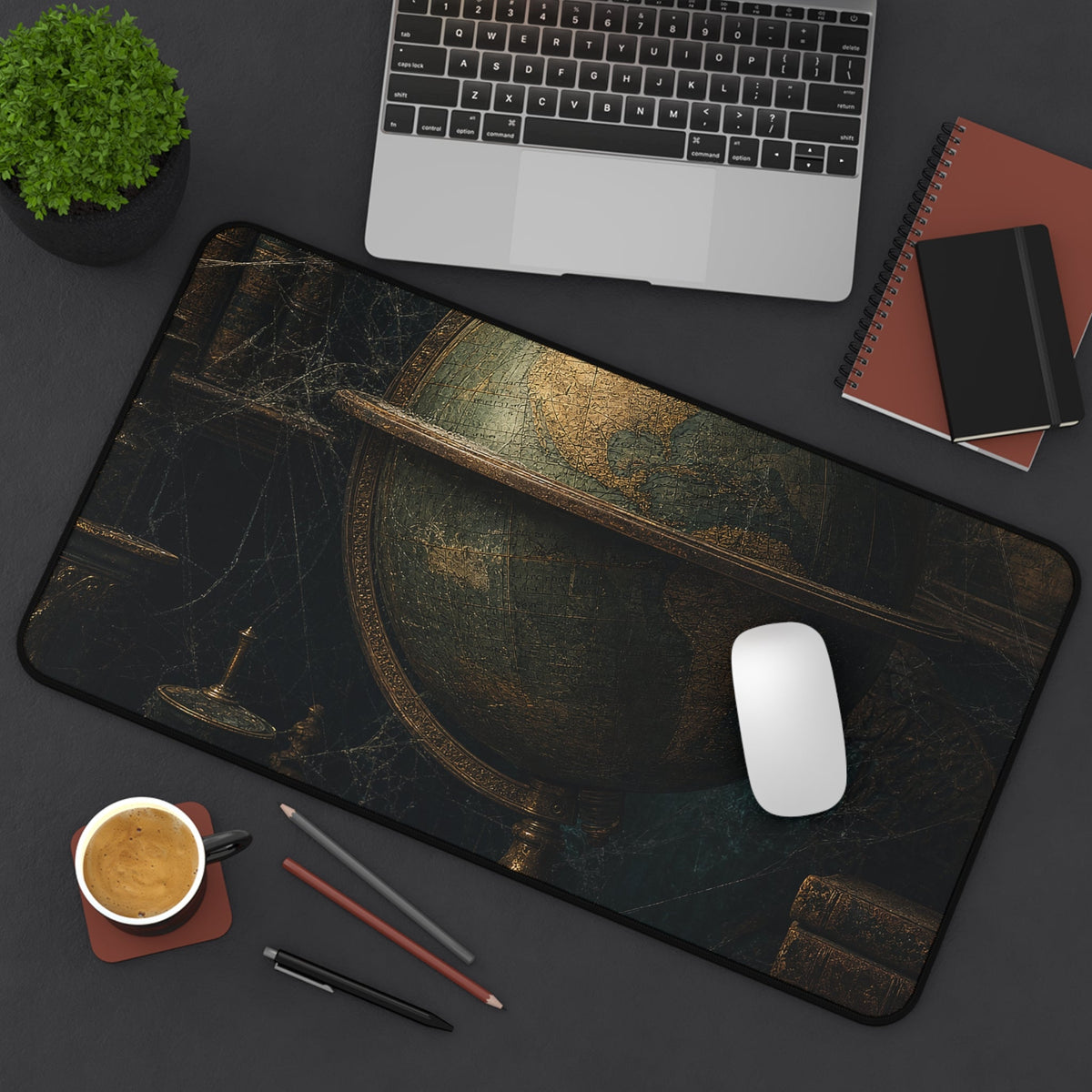 Old Globe In Dark Study - Dark Academia Gaming Desk Mat - Moikas