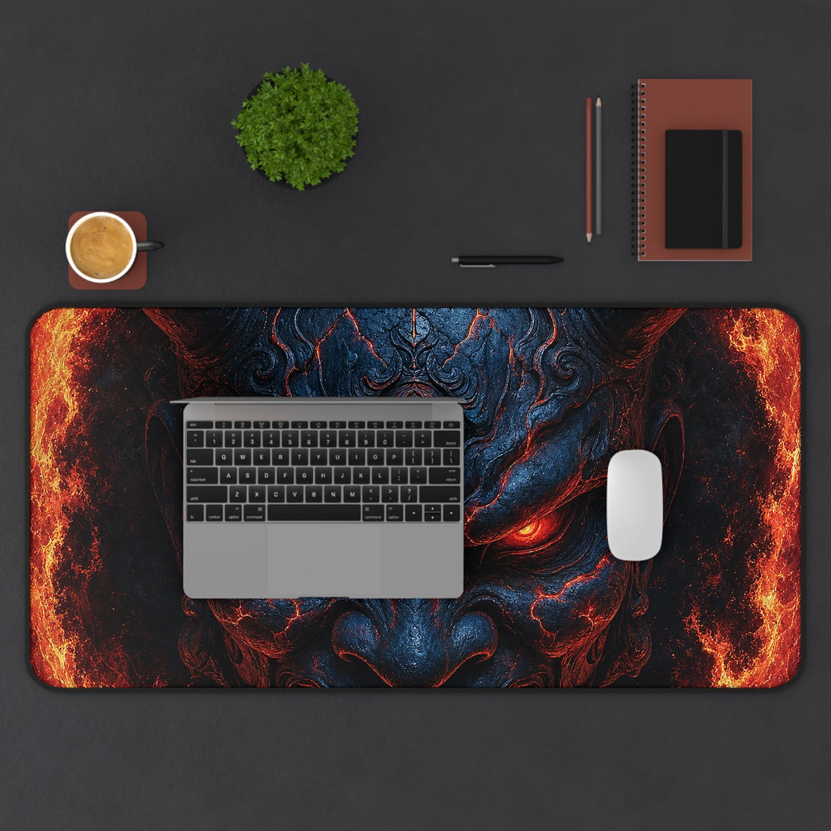 Oni Mask In Ring Of Fire - Sudoni Brand Gaming Desk Mat - Moikas