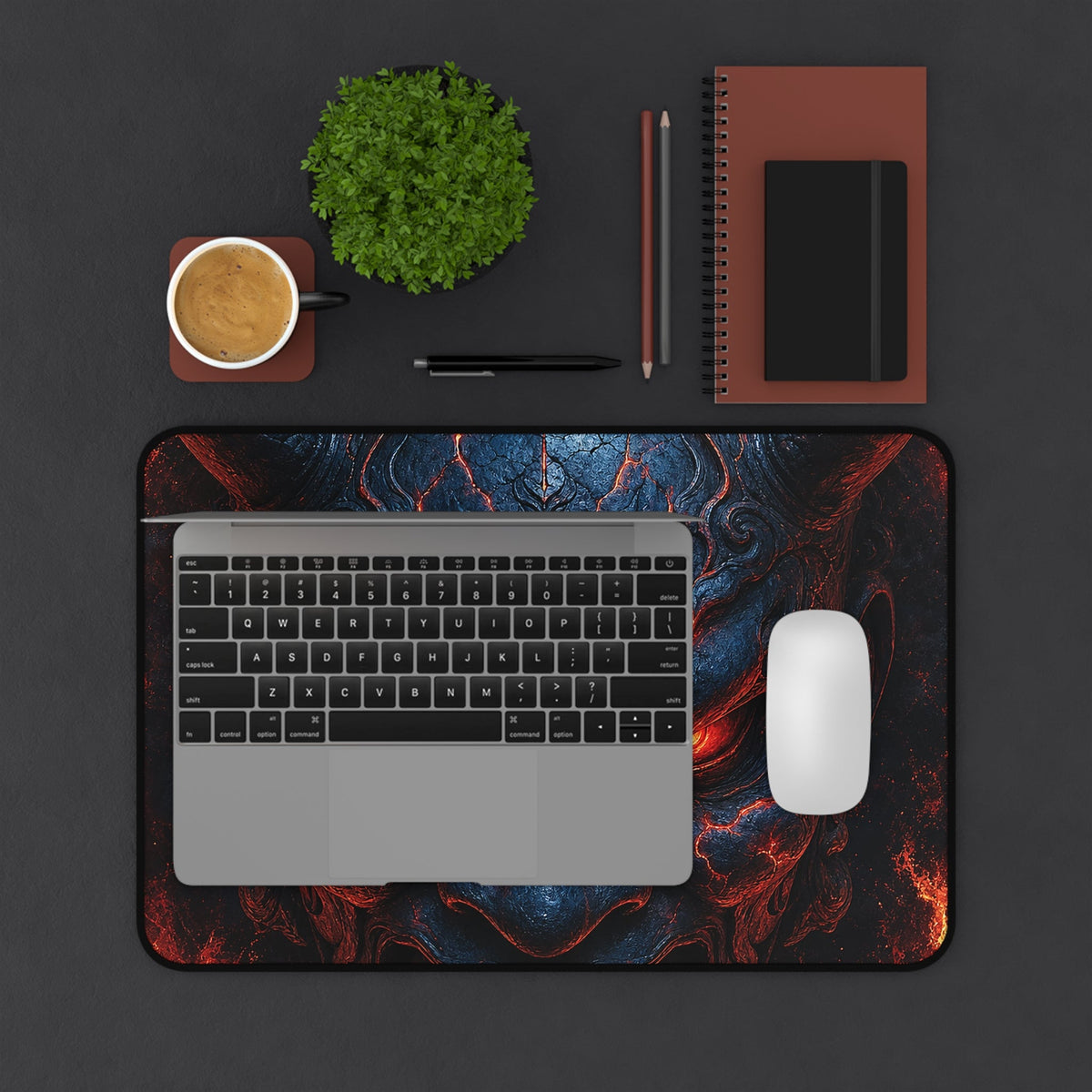 Oni Mask In Ring Of Fire - Sudoni Brand Gaming Desk Mat - Moikas