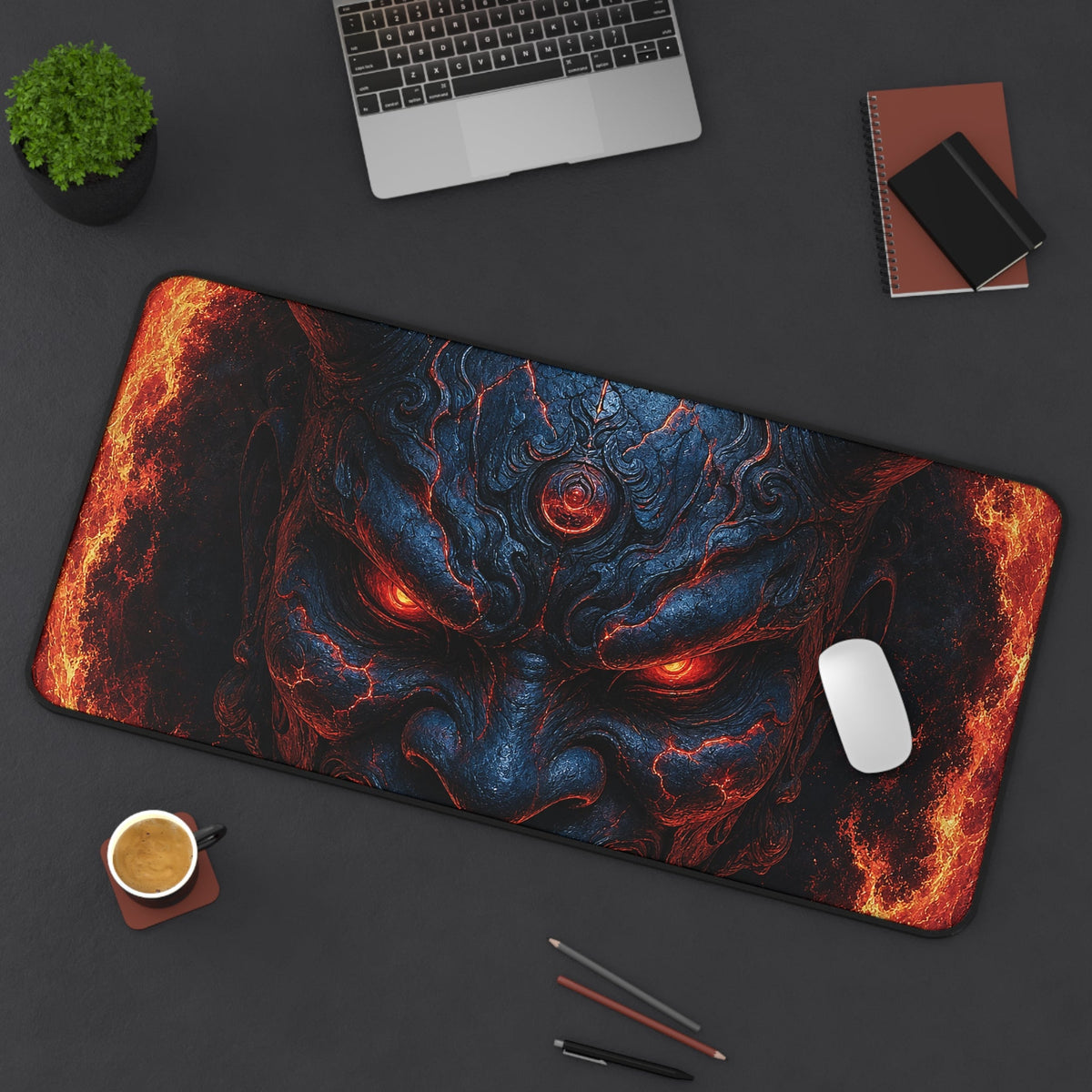 Oni Mask In Ring Of Fire - Sudoni Brand Gaming Desk Mat - Moikas