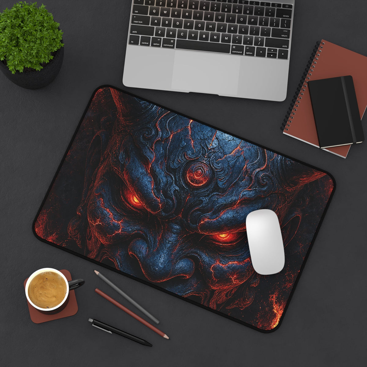 Oni Mask In Ring Of Fire - Sudoni Brand Gaming Desk Mat - Moikas
