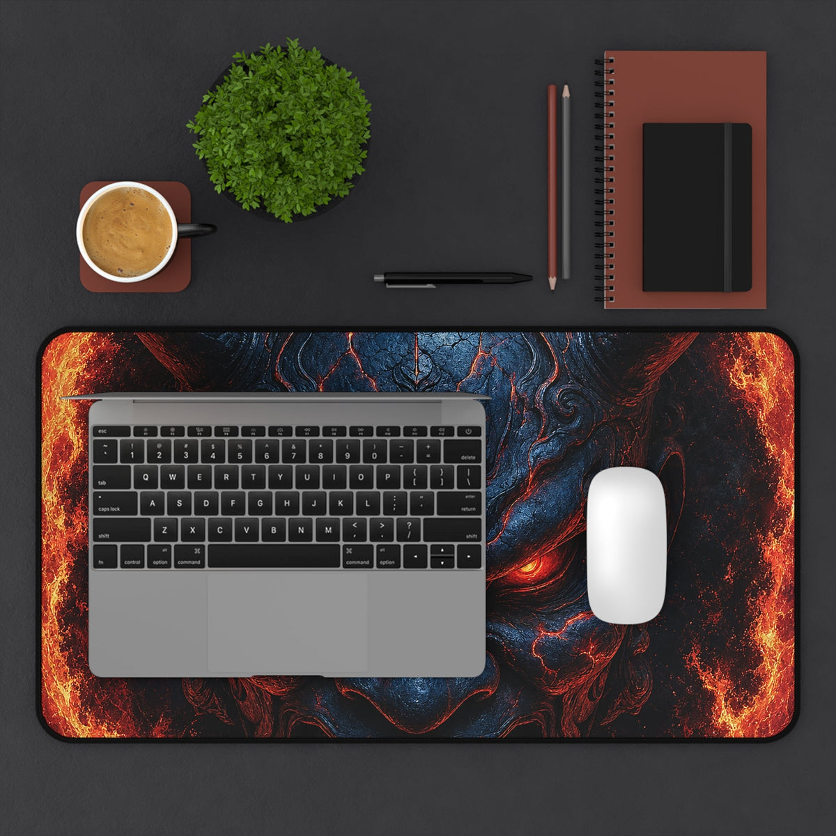 Oni Mask In Ring Of Fire - Sudoni Brand Gaming Desk Mat - Moikas