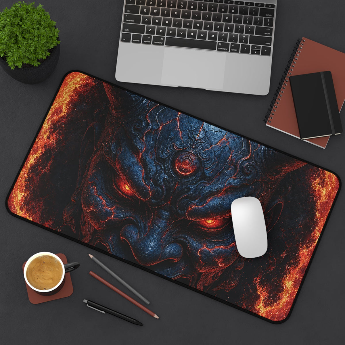 Oni Mask In Ring Of Fire - Sudoni Brand Gaming Desk Mat - Moikas
