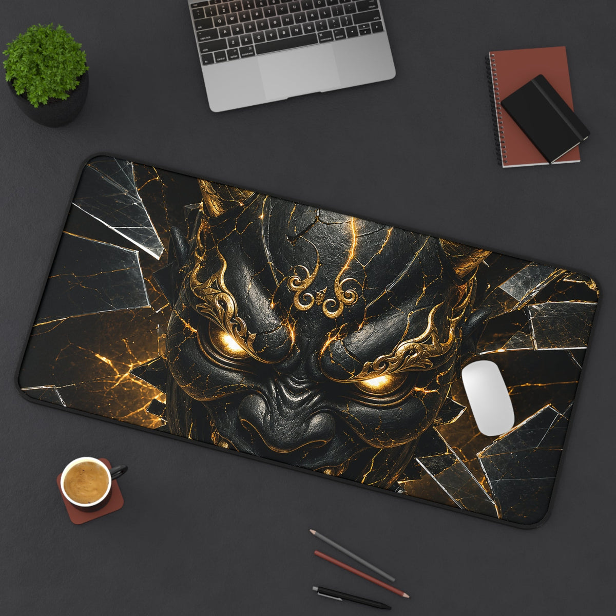 Oni Mask With Broken Glass - Sudoni Brand Gaming Desk Mat - Moikas