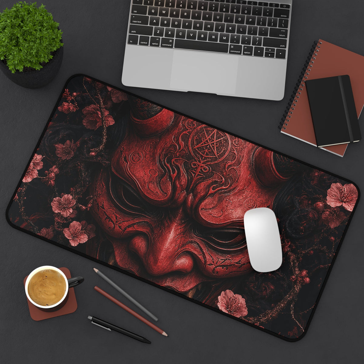Oni Mask With Cherry Blossoms - Sudoni Brand Gaming Desk Mat - Moikas