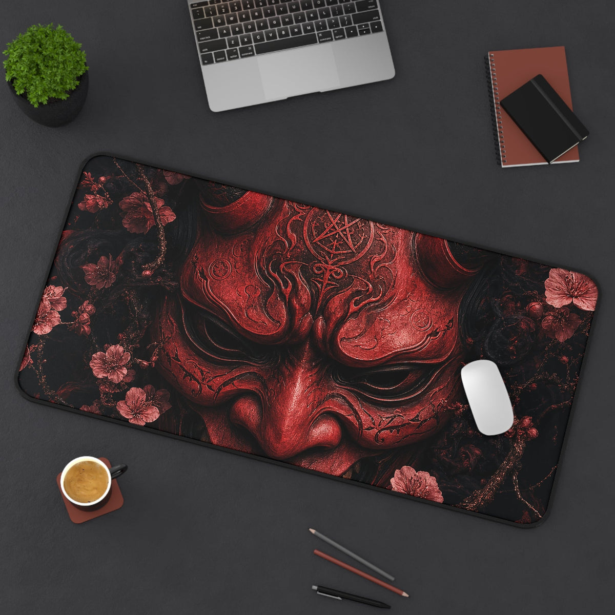 Oni Mask With Cherry Blossoms - Sudoni Brand Gaming Desk Mat - Moikas