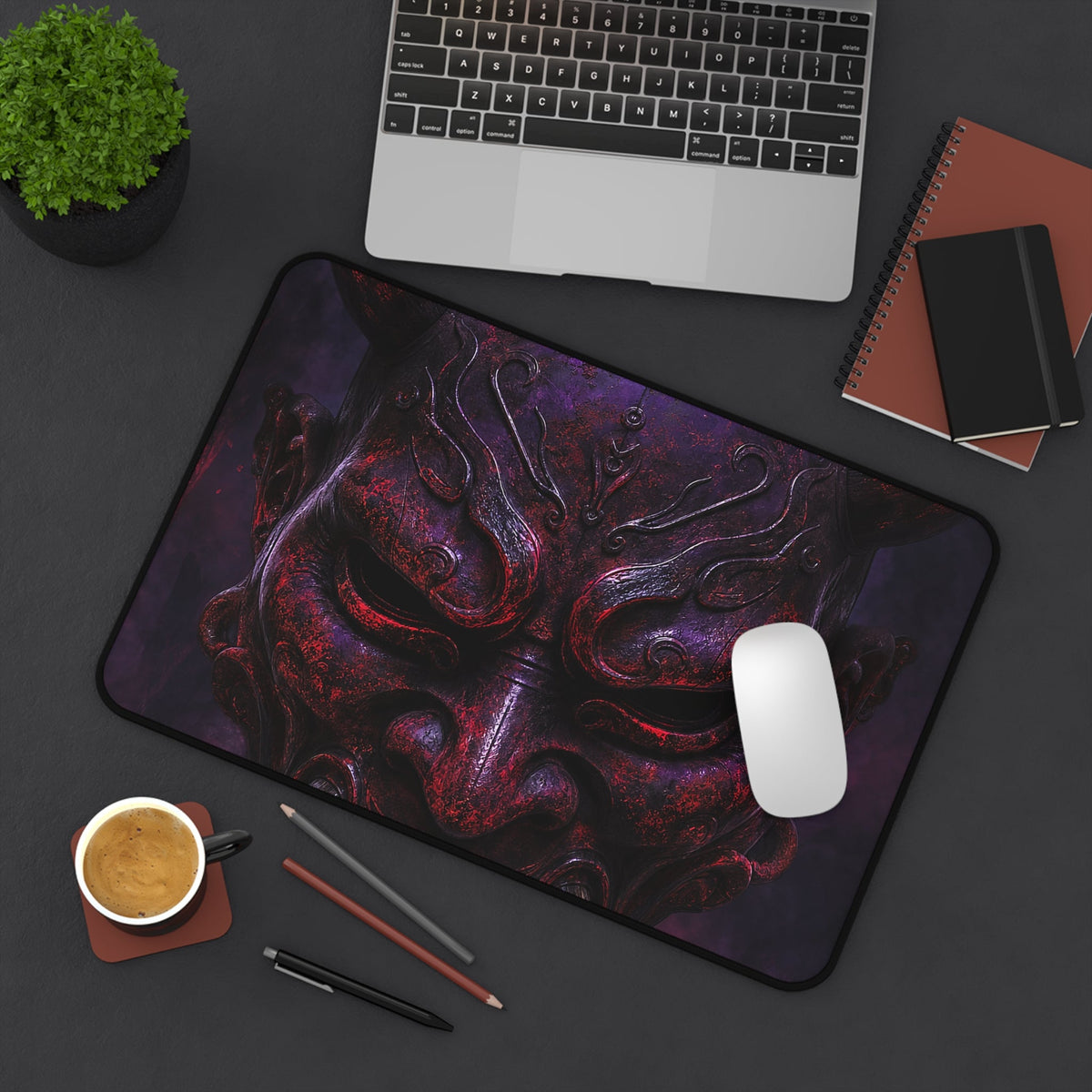 Oni Mask With Dark Forest Behind - Sudoni Brand Gaming Desk Mat - Moikas