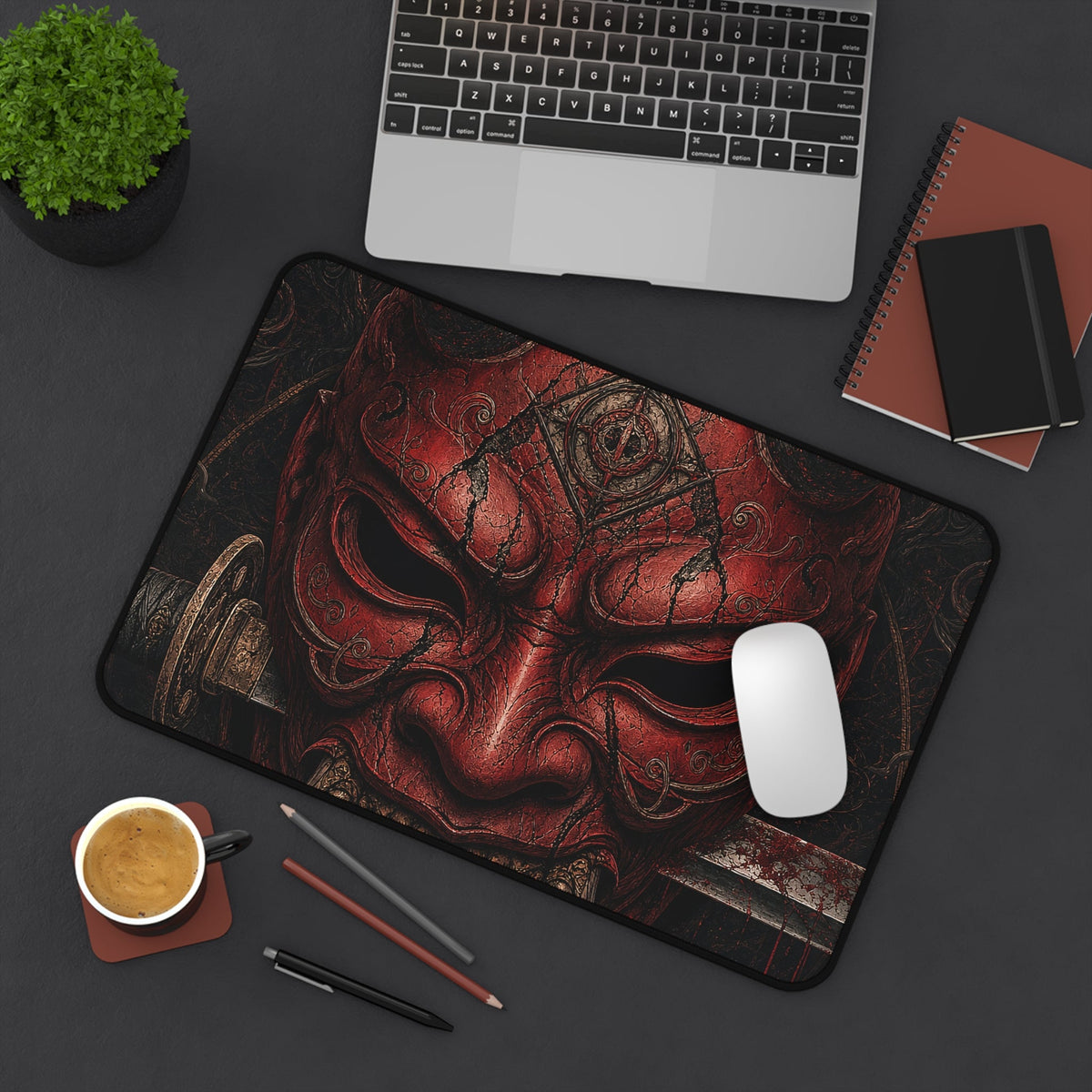 Oni Mask With Katanthrough It - Sudoni Brand Gaming Desk Mat - Moikas