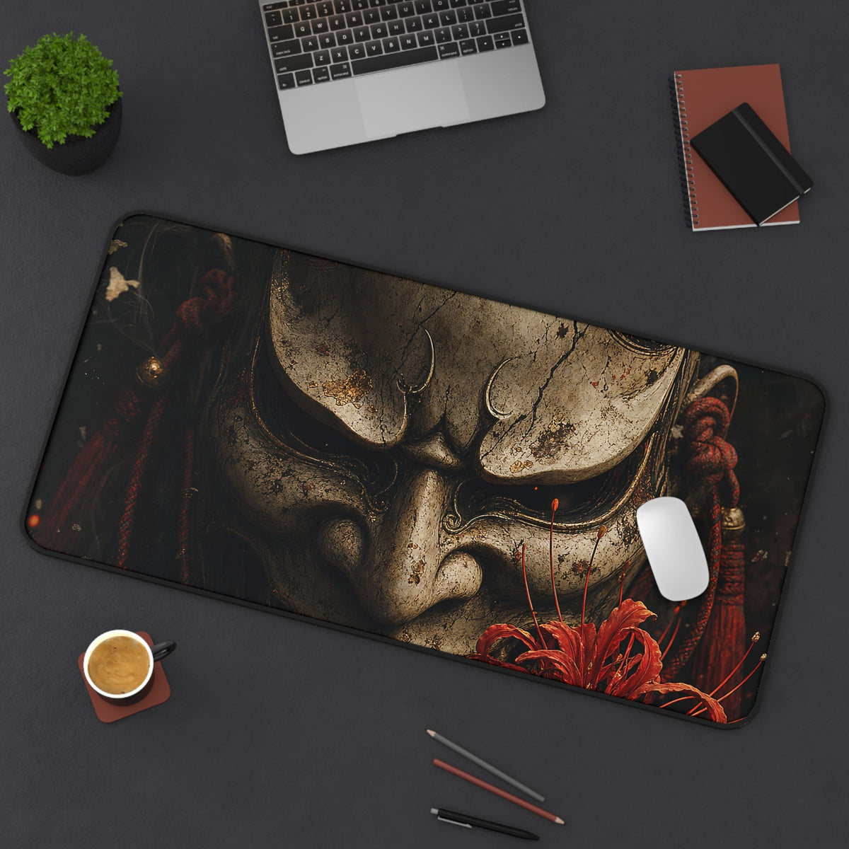 Oni Mask With Red Spider Lily - Sudoni Brand Gaming Desk Mat - Moikas
