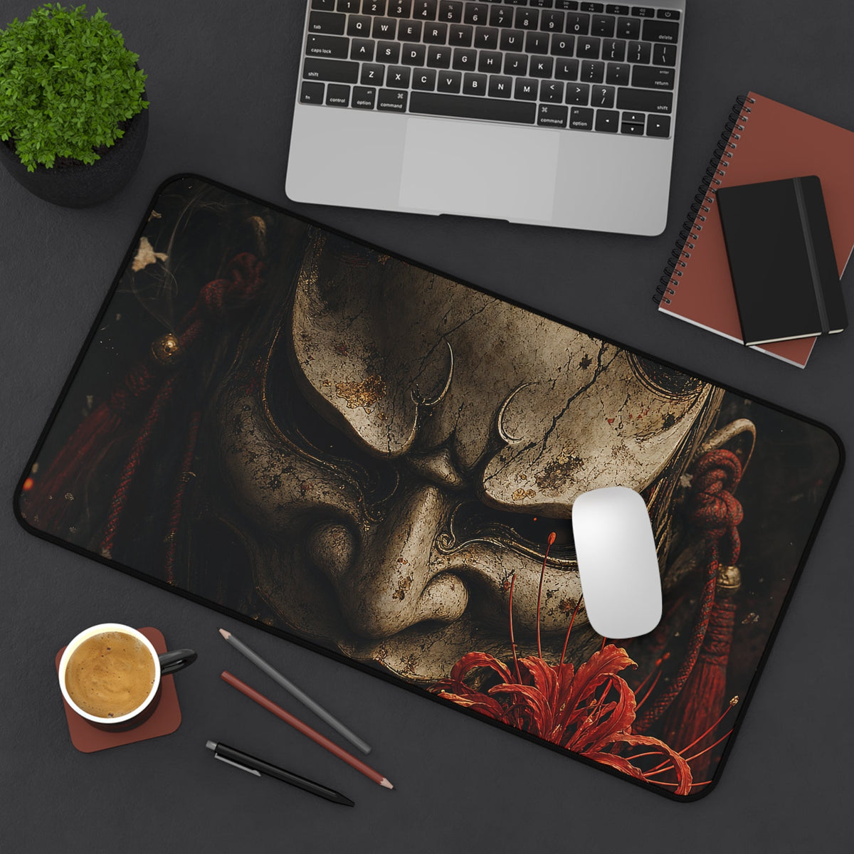 Oni Mask With Red Spider Lily - Sudoni Brand Gaming Desk Mat - Moikas