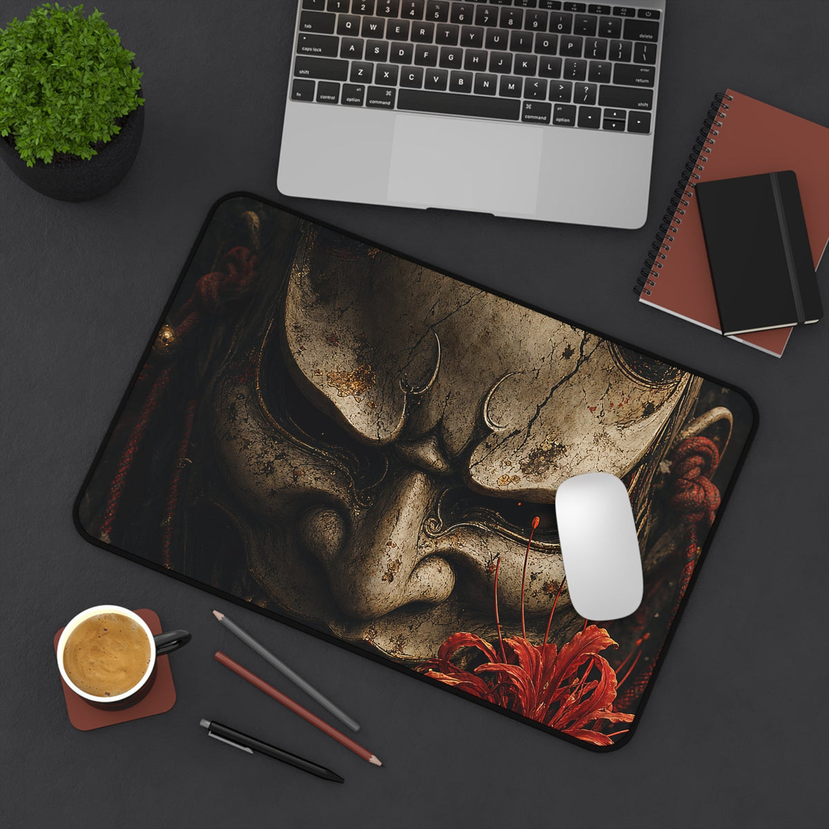 Oni Mask With Red Spider Lily - Sudoni Brand Gaming Desk Mat - Moikas