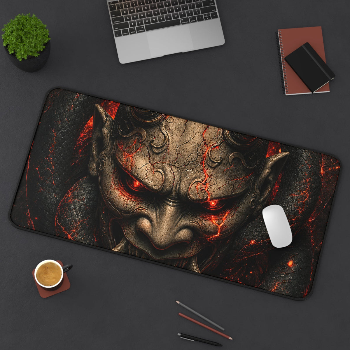Oni Mask With Snake Coiled Around It - Sudoni Brand Gaming Desk Mat - Moikas