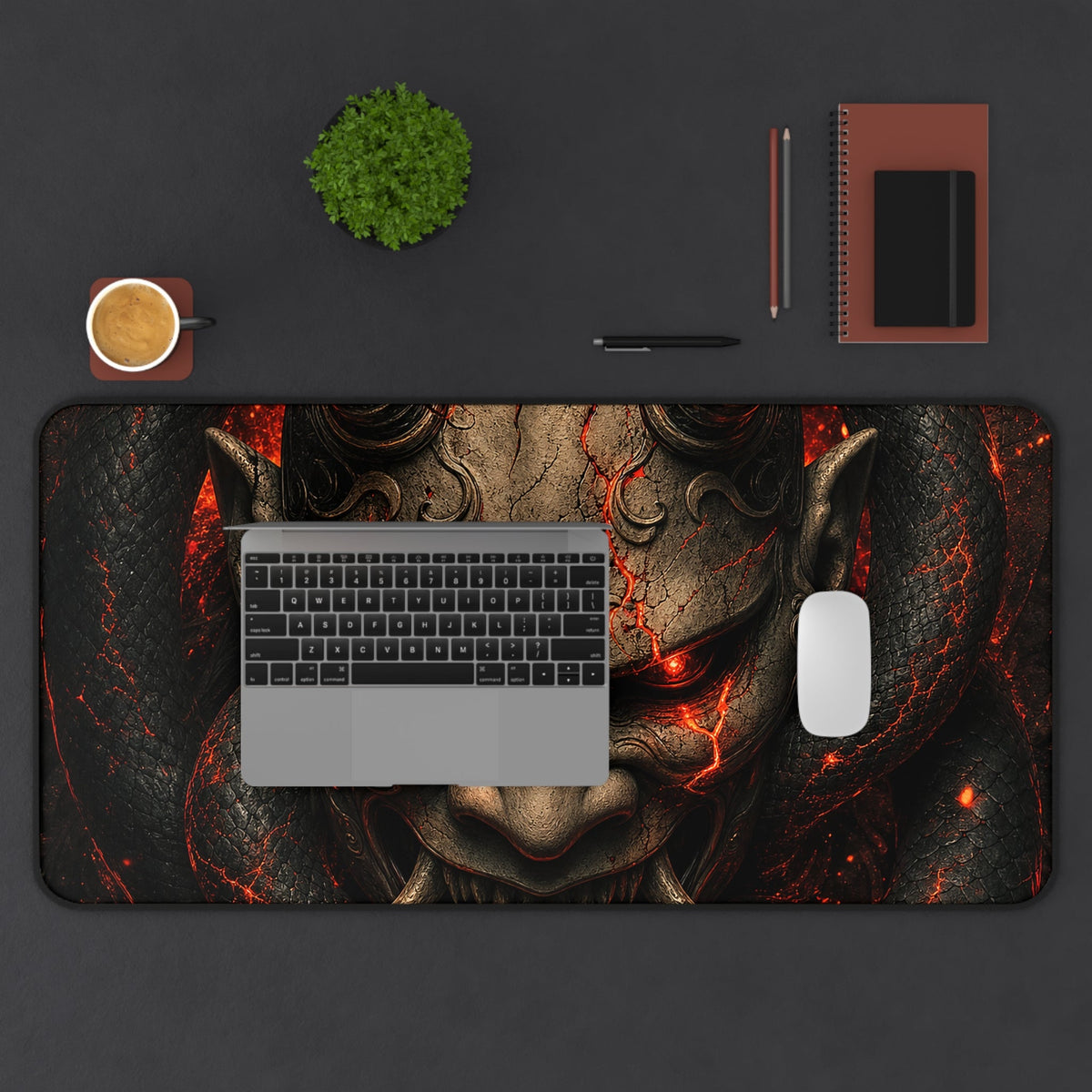 Oni Mask With Snake Coiled Around It - Sudoni Brand Gaming Desk Mat - Moikas