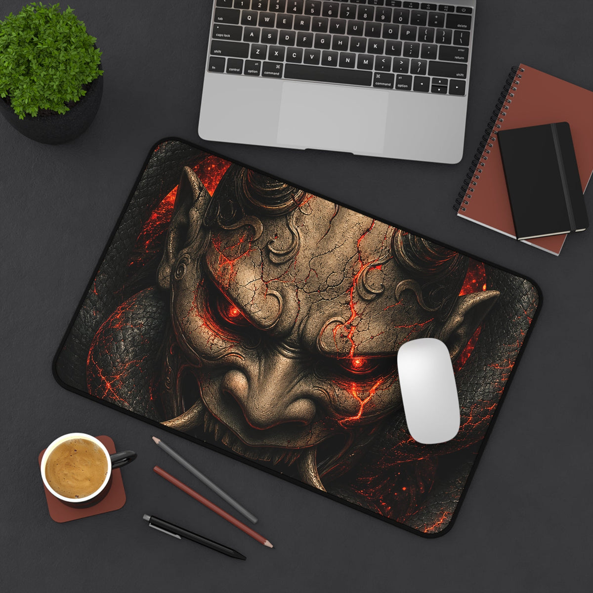 Oni Mask With Snake Coiled Around It - Sudoni Brand Gaming Desk Mat - Moikas