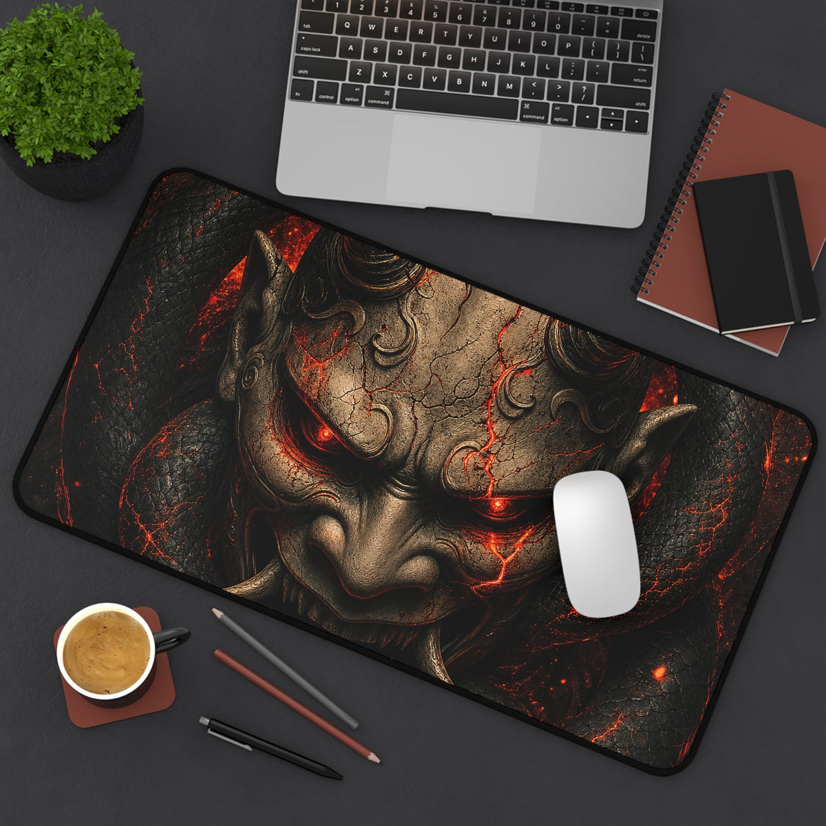 Oni Mask With Snake Coiled Around It - Sudoni Brand Gaming Desk Mat - Moikas