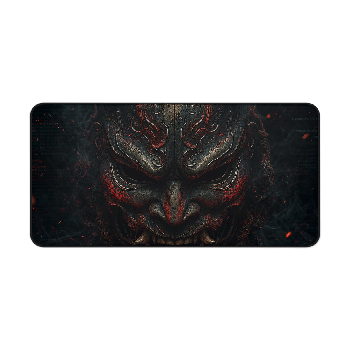 Oni Mask With Terminal Text Behind It - Sudoni Brand Gaming Desk Mat - Moikas