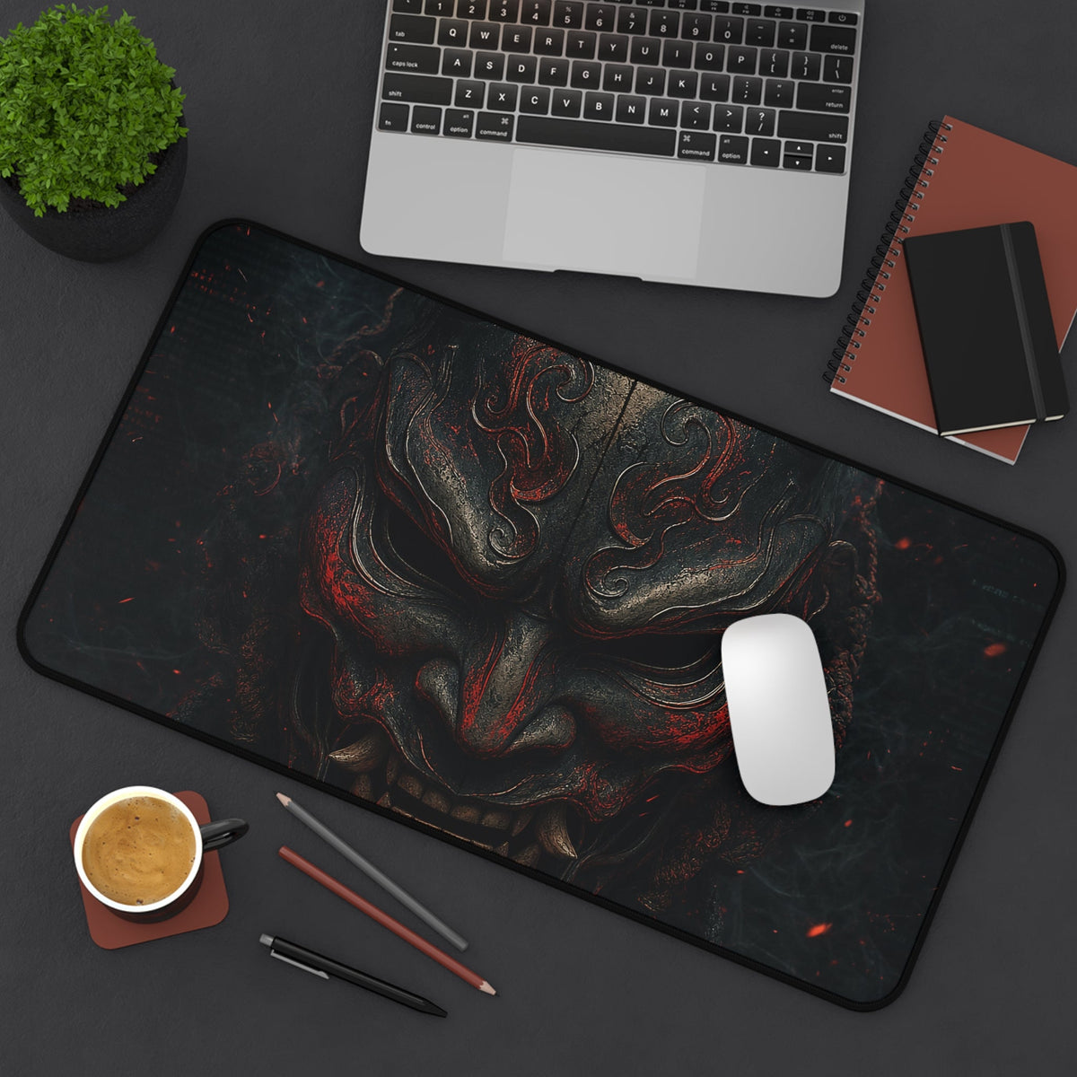 Oni Mask With Terminal Text Behind It - Sudoni Brand Gaming Desk Mat - Moikas