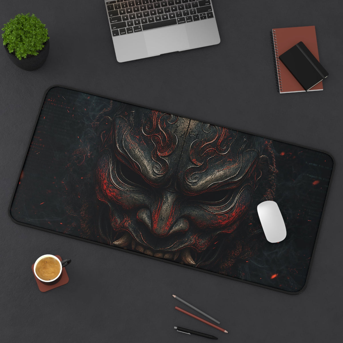 Oni Mask With Terminal Text Behind It - Sudoni Brand Gaming Desk Mat - Moikas