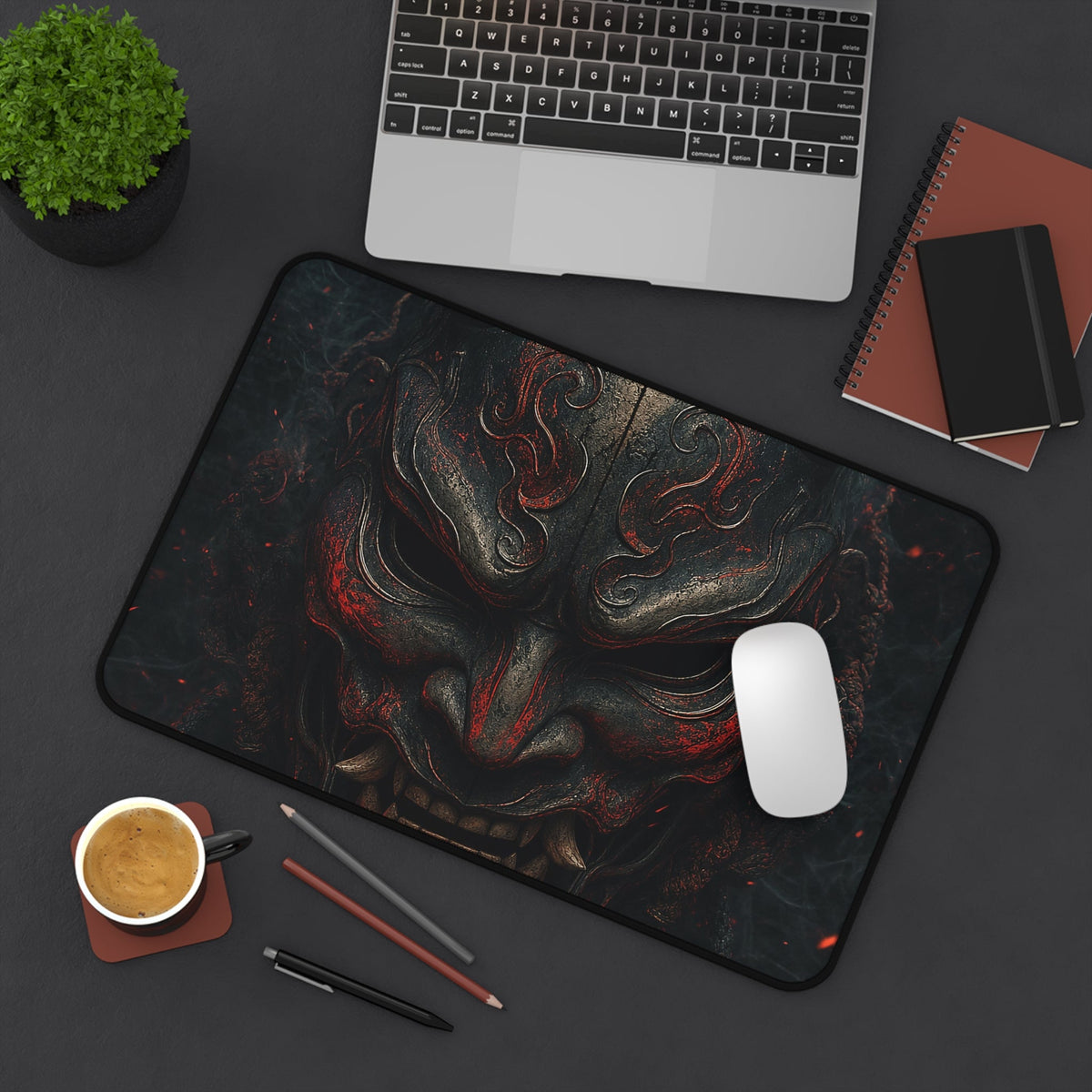 Oni Mask With Terminal Text Behind It - Sudoni Brand Gaming Desk Mat - Moikas