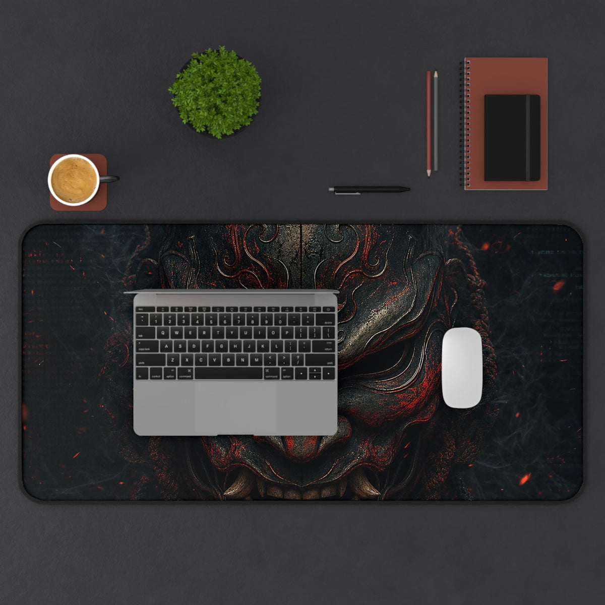 Oni Mask With Terminal Text Behind It - Sudoni Brand Gaming Desk Mat - Moikas