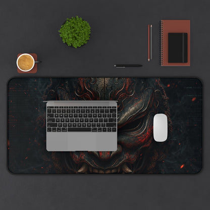 Oni Mask With Terminal Text Behind It - Sudoni Brand Gaming Desk Mat - Moikas