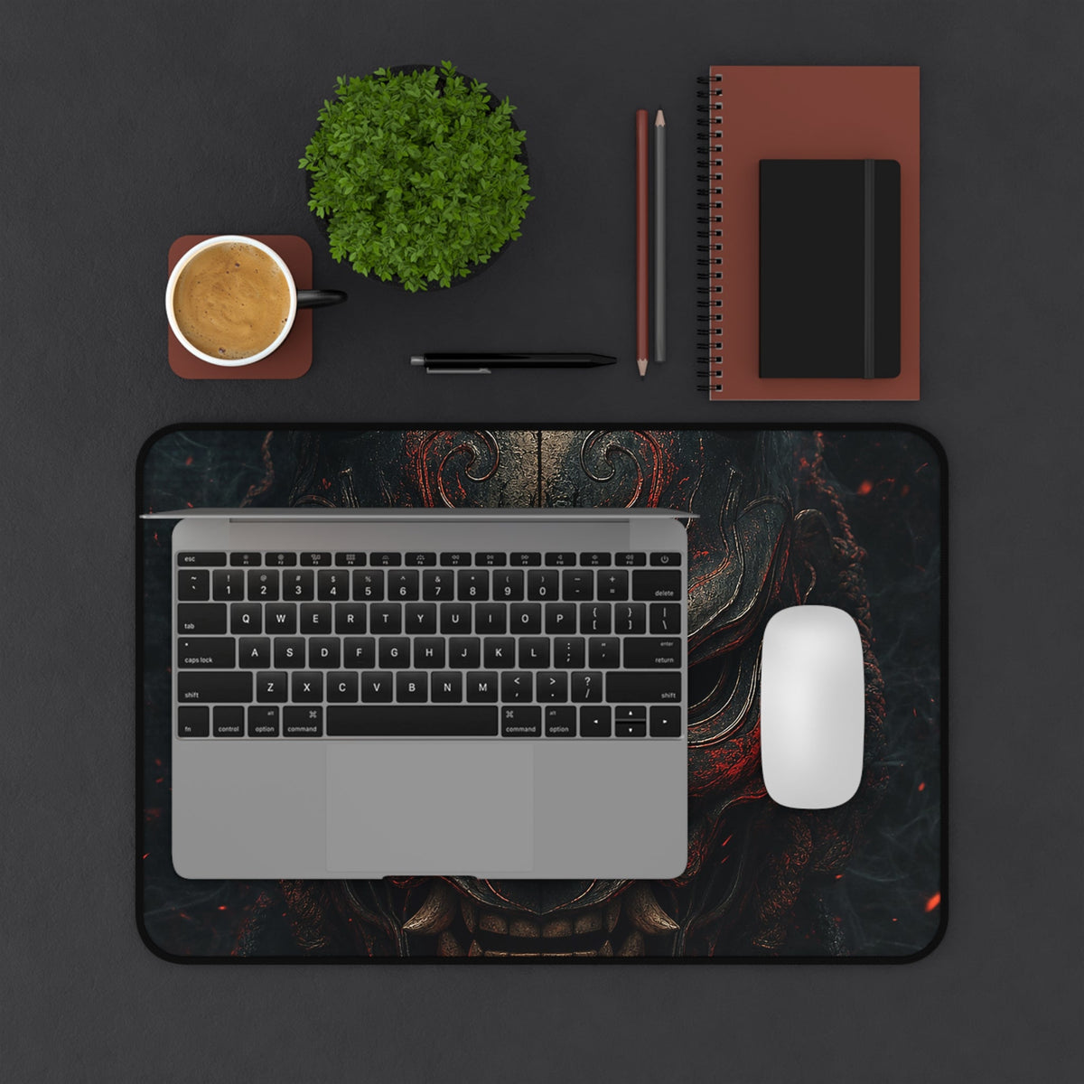 Oni Mask With Terminal Text Behind It - Sudoni Brand Gaming Desk Mat - Moikas