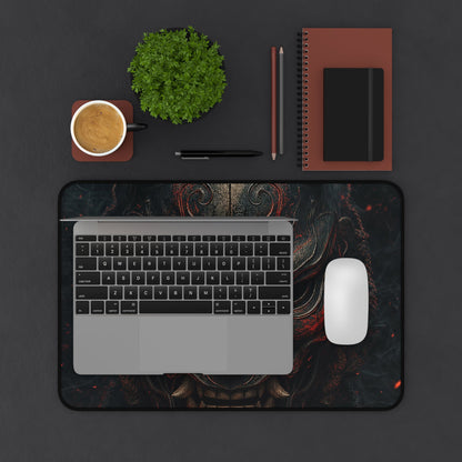 Oni Mask With Terminal Text Behind It - Sudoni Brand Gaming Desk Mat - Moikas