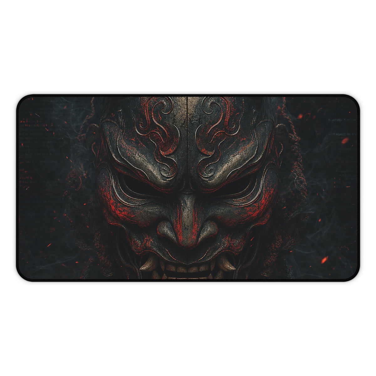 Oni Mask With Terminal Text Behind It - Sudoni Brand Gaming Desk Mat - Moikas