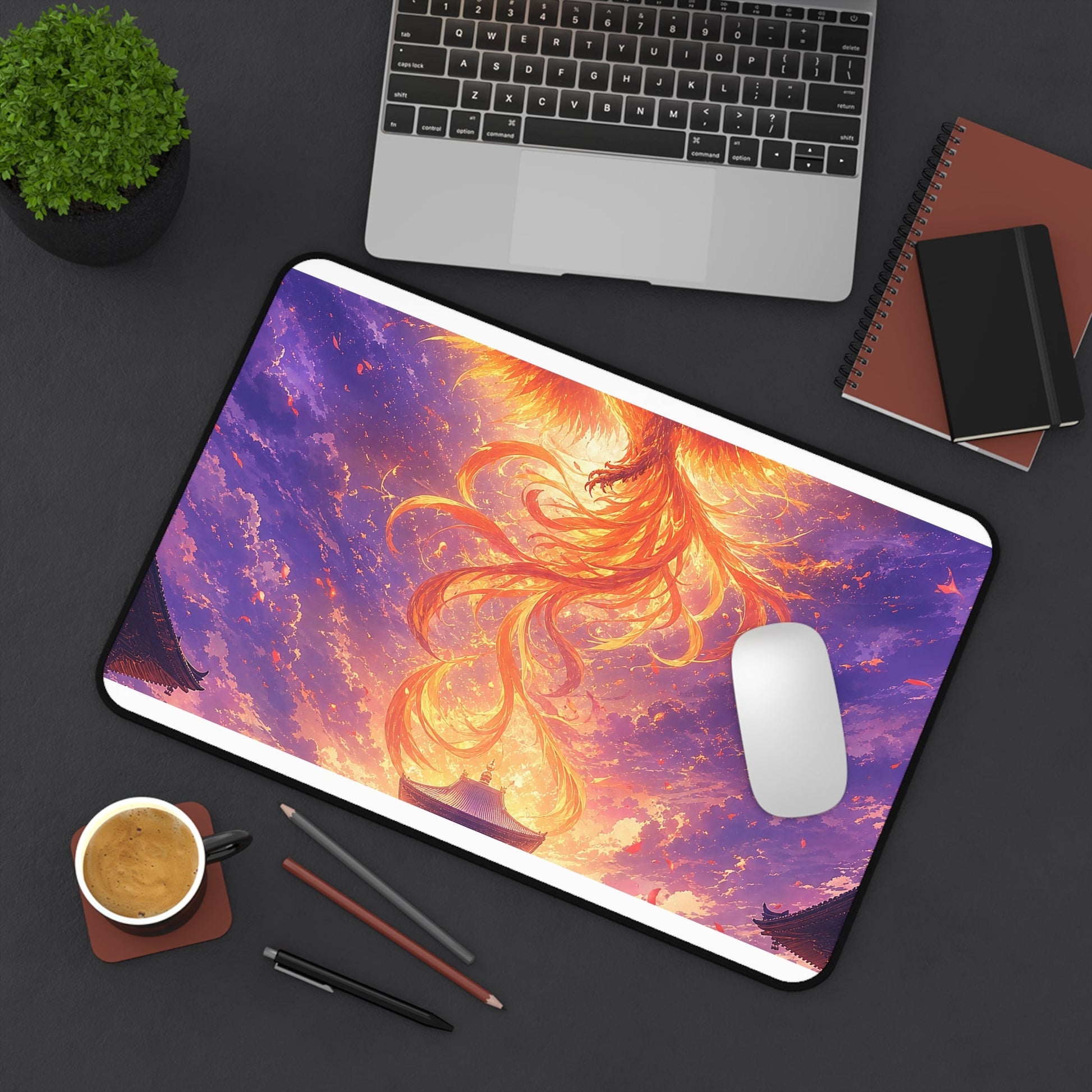 Phoenix Rising Over Temple - Anime Manga Gaming Desk Mat - Moikas
