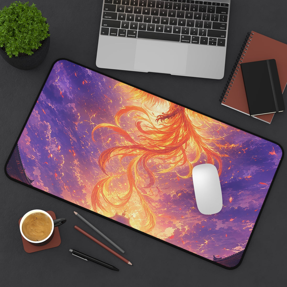 Phoenix Rising Over Temple - Anime Manga Gaming Desk Mat - Moikas