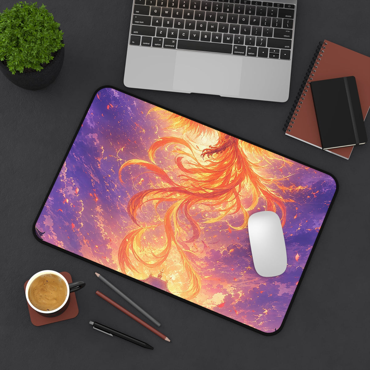 Phoenix Rising Over Temple - Anime Manga Gaming Desk Mat - Moikas
