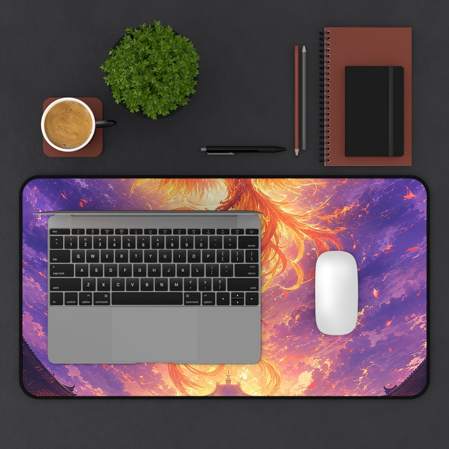 Phoenix Rising Over Temple - Anime Manga Gaming Desk Mat - Moikas