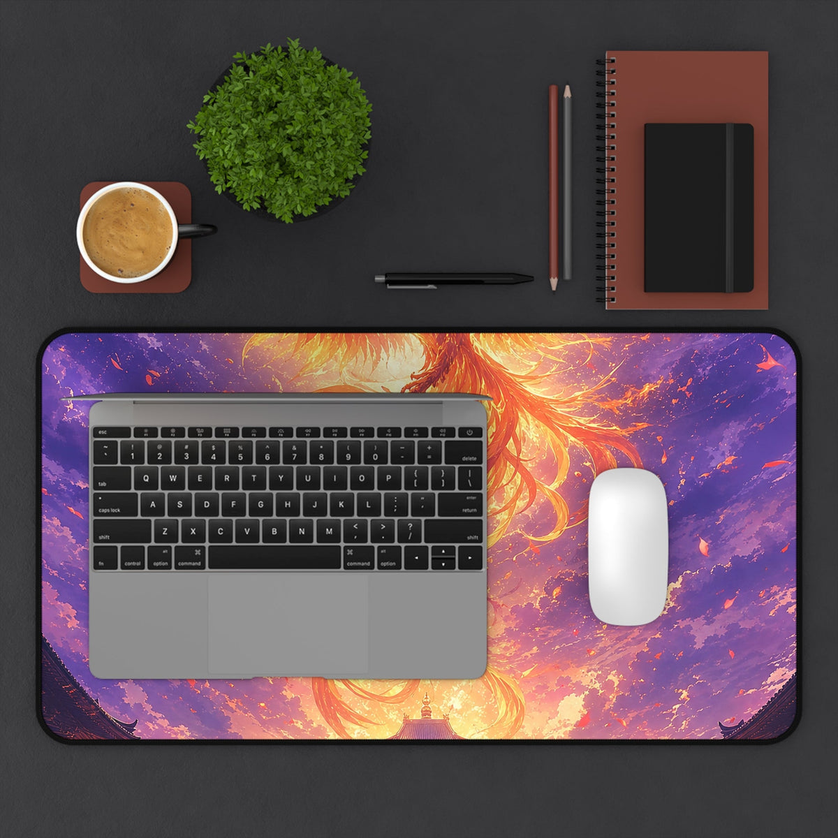 Phoenix Rising Over Temple - Anime Manga Gaming Desk Mat - Moikas