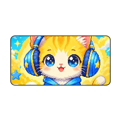 Pixel Art Cat Wearing Headphones - Kawaii Gaming Gaming Desk Mat - Moikas