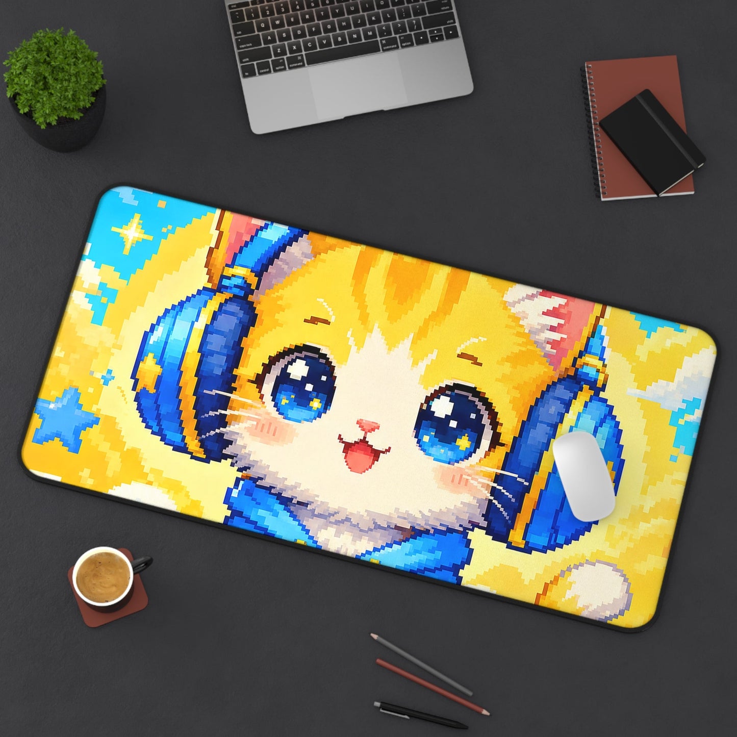 Pixel Art Cat Wearing Headphones - Kawaii Gaming Gaming Desk Mat - Moikas
