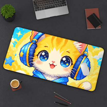 Pixel Art Cat Wearing Headphones - Kawaii Gaming Gaming Desk Mat - Moikas