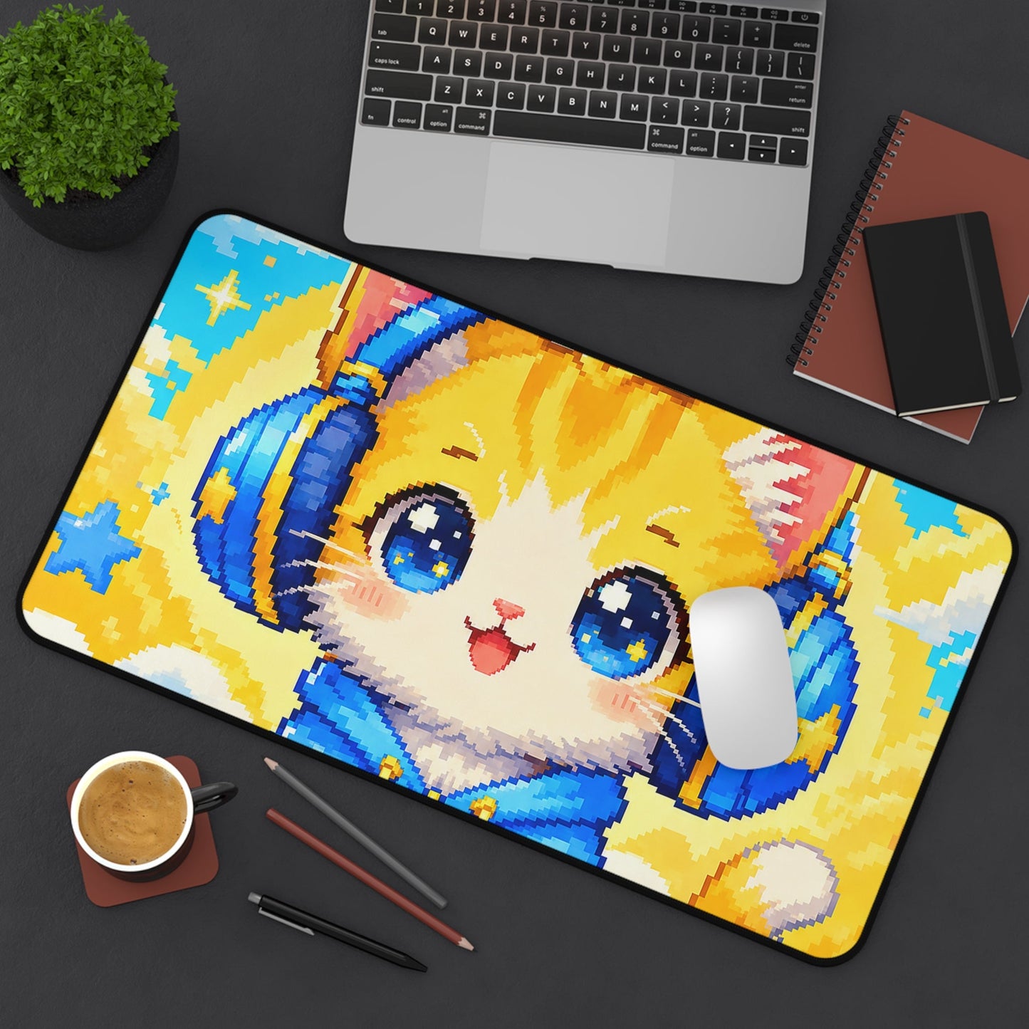 Pixel Art Cat Wearing Headphones - Kawaii Gaming Gaming Desk Mat - Moikas