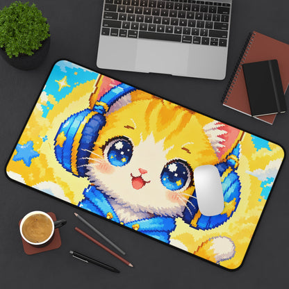 Pixel Art Cat Wearing Headphones - Kawaii Gaming Gaming Desk Mat - Moikas