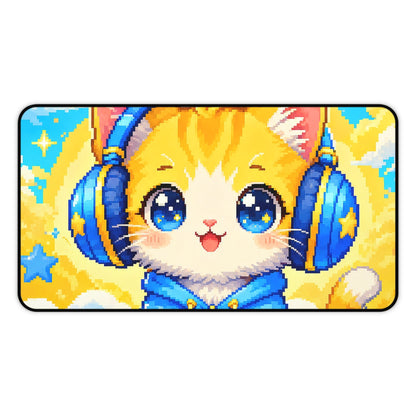 Pixel Art Cat Wearing Headphones - Kawaii Gaming Gaming Desk Mat - Moikas