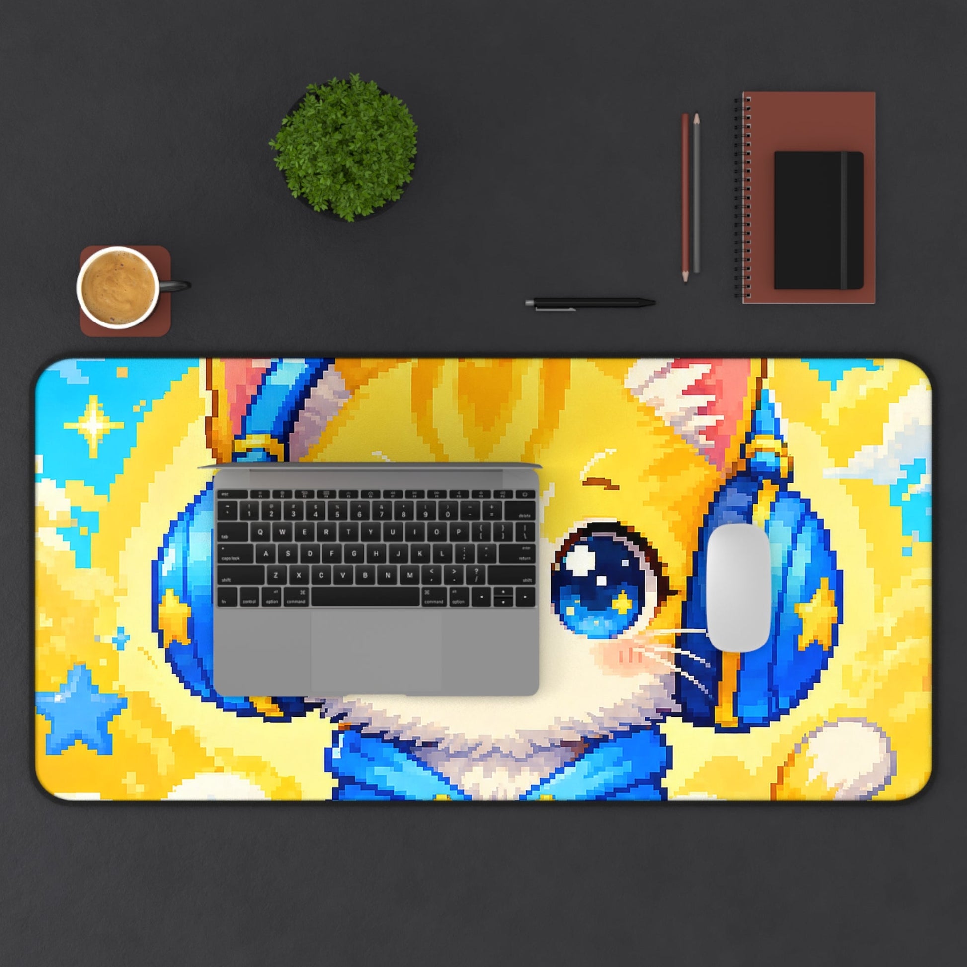 Pixel Art Cat Wearing Headphones - Kawaii Gaming Gaming Desk Mat - Moikas