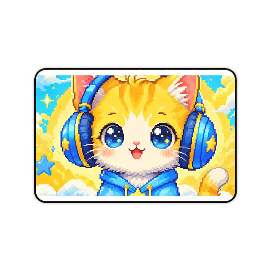 Pixel Art Cat Wearing Headphones - Kawaii Gaming Gaming Desk Mat - Moikas