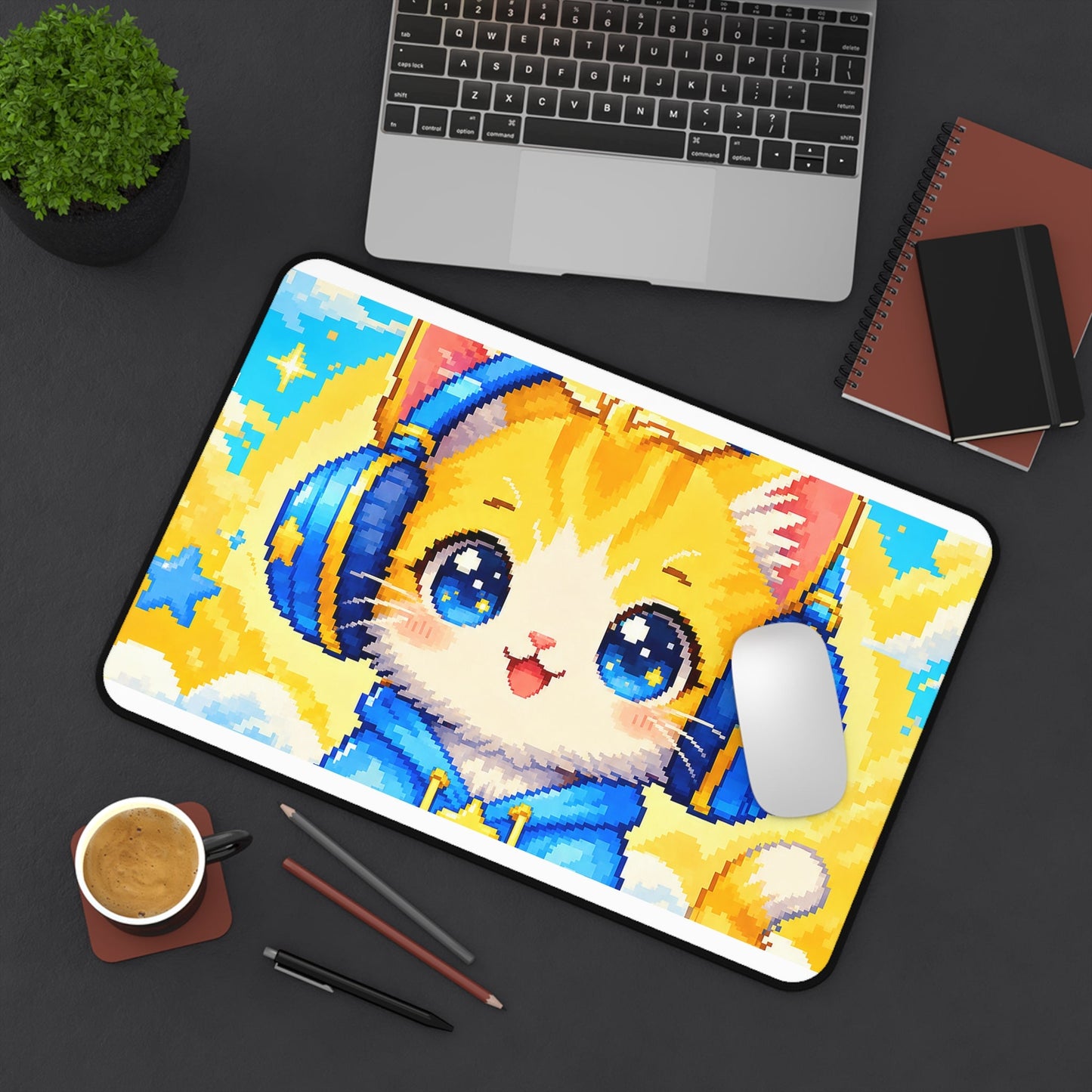 Pixel Art Cat Wearing Headphones - Kawaii Gaming Gaming Desk Mat - Moikas