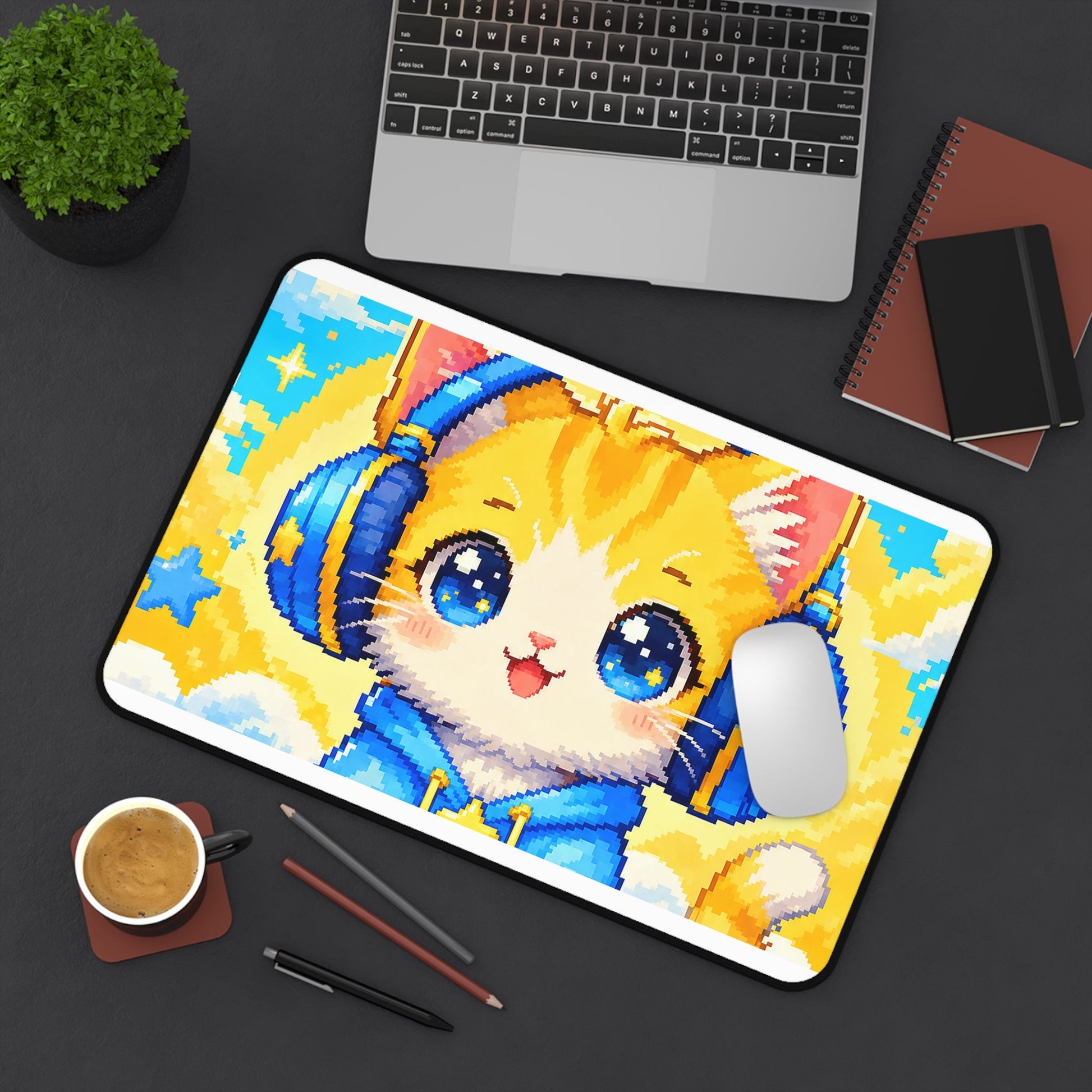 Pixel Art Cat Wearing Headphones - Kawaii Gaming Gaming Desk Mat - Moikas