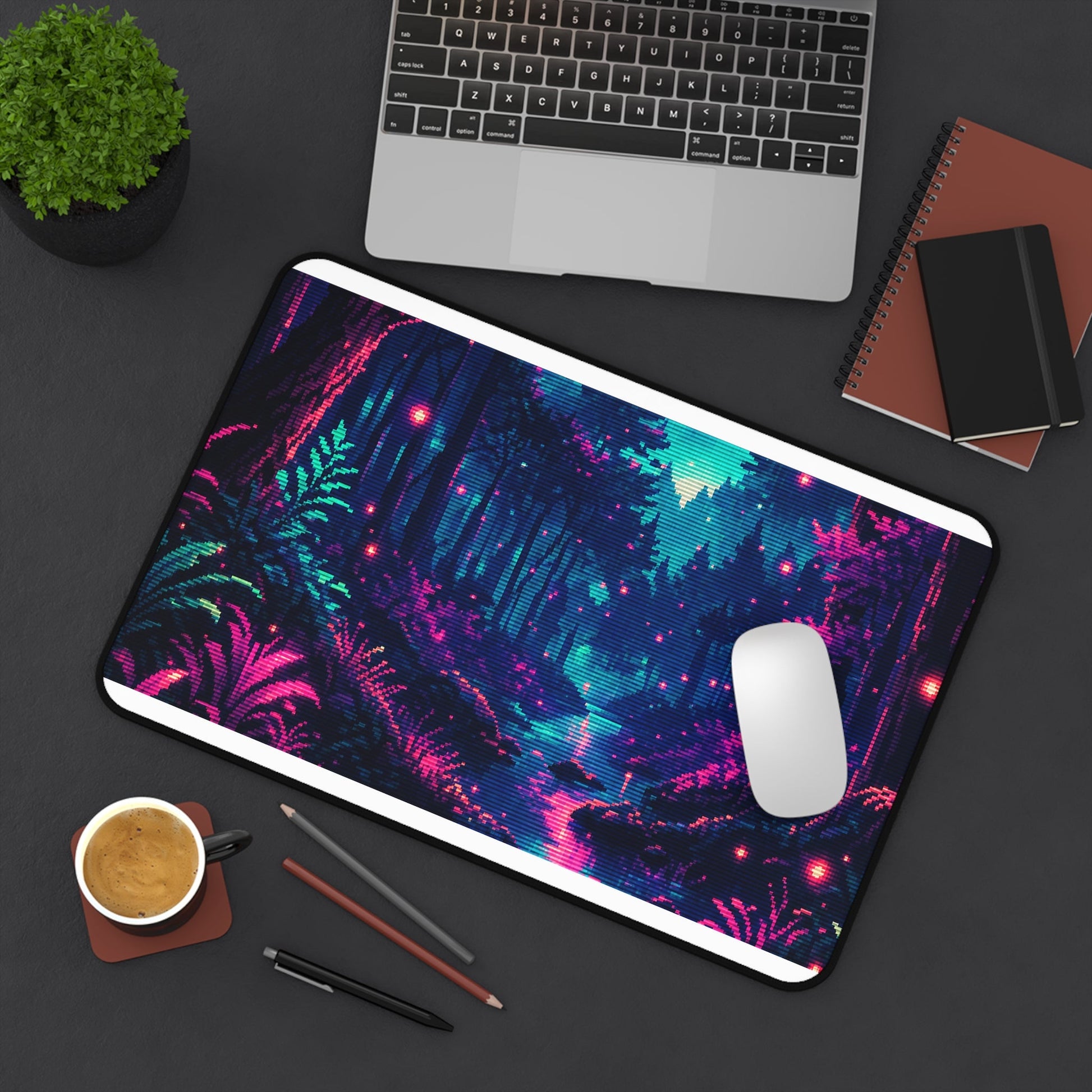 Pixel Art Forest With Fireflies - Gaming Culture Gaming Desk Mat - Moikas