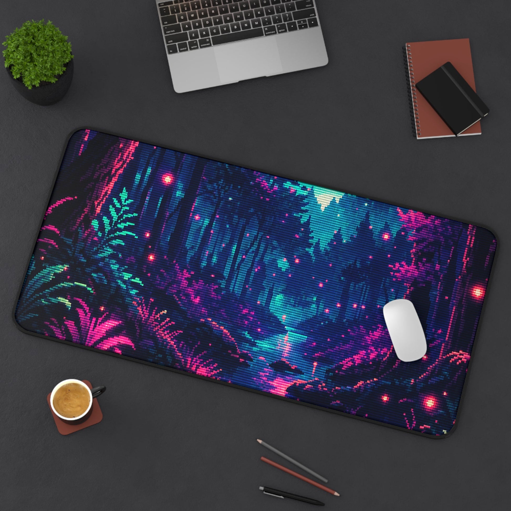 Pixel Art Forest With Fireflies - Gaming Culture Gaming Desk Mat - Moikas