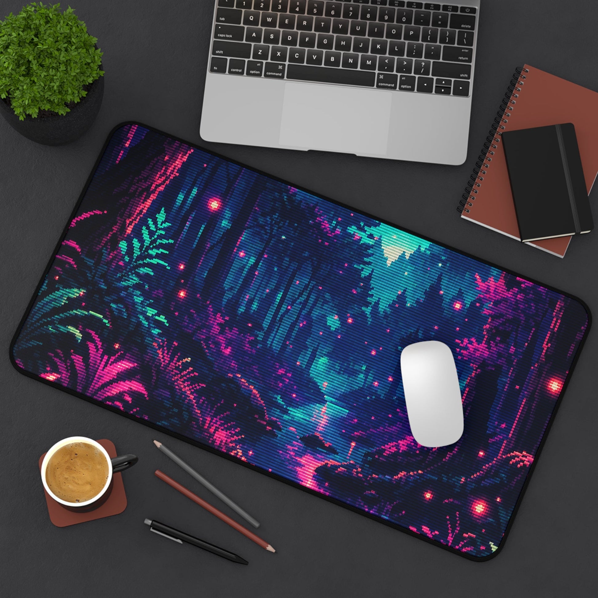 Pixel Art Forest With Fireflies - Gaming Culture Gaming Desk Mat - Moikas