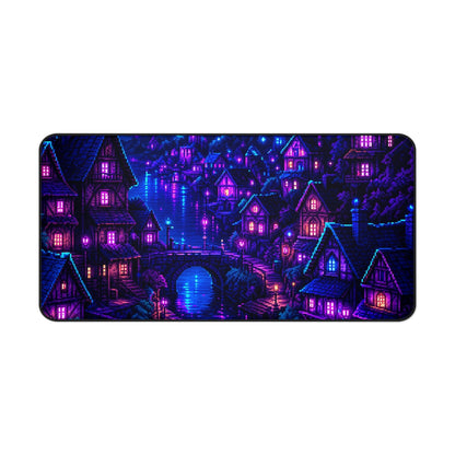 Pixel Art Village At Night - Gaming Culture Gaming Desk Mat - Moikas