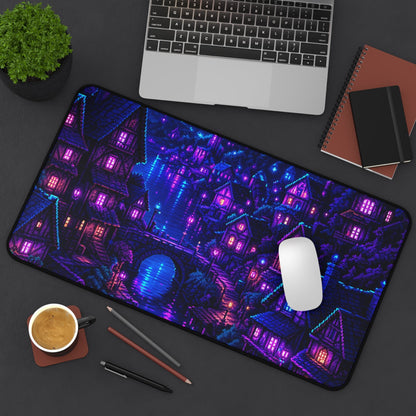 Pixel Art Village At Night - Gaming Culture Gaming Desk Mat - Moikas
