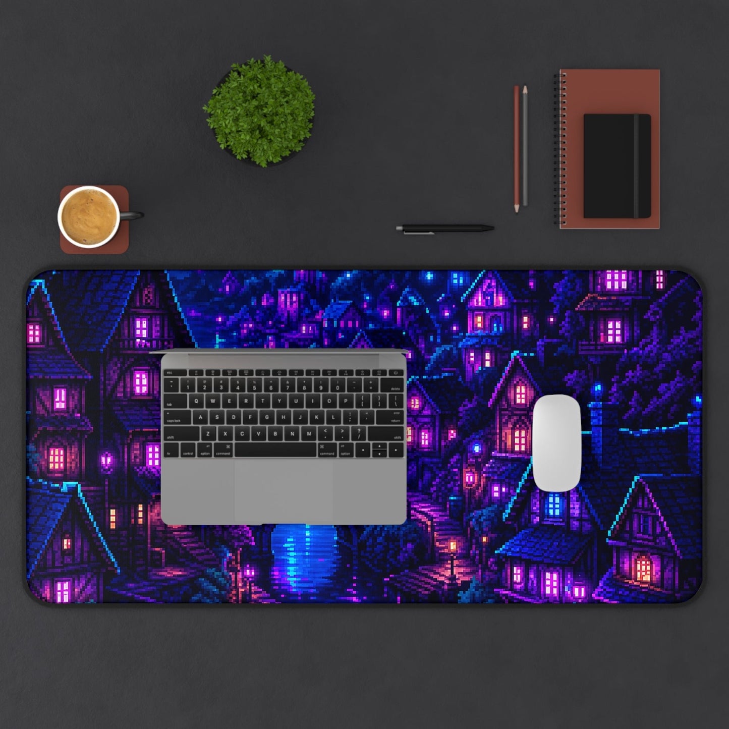 Pixel Art Village At Night - Gaming Culture Gaming Desk Mat - Moikas